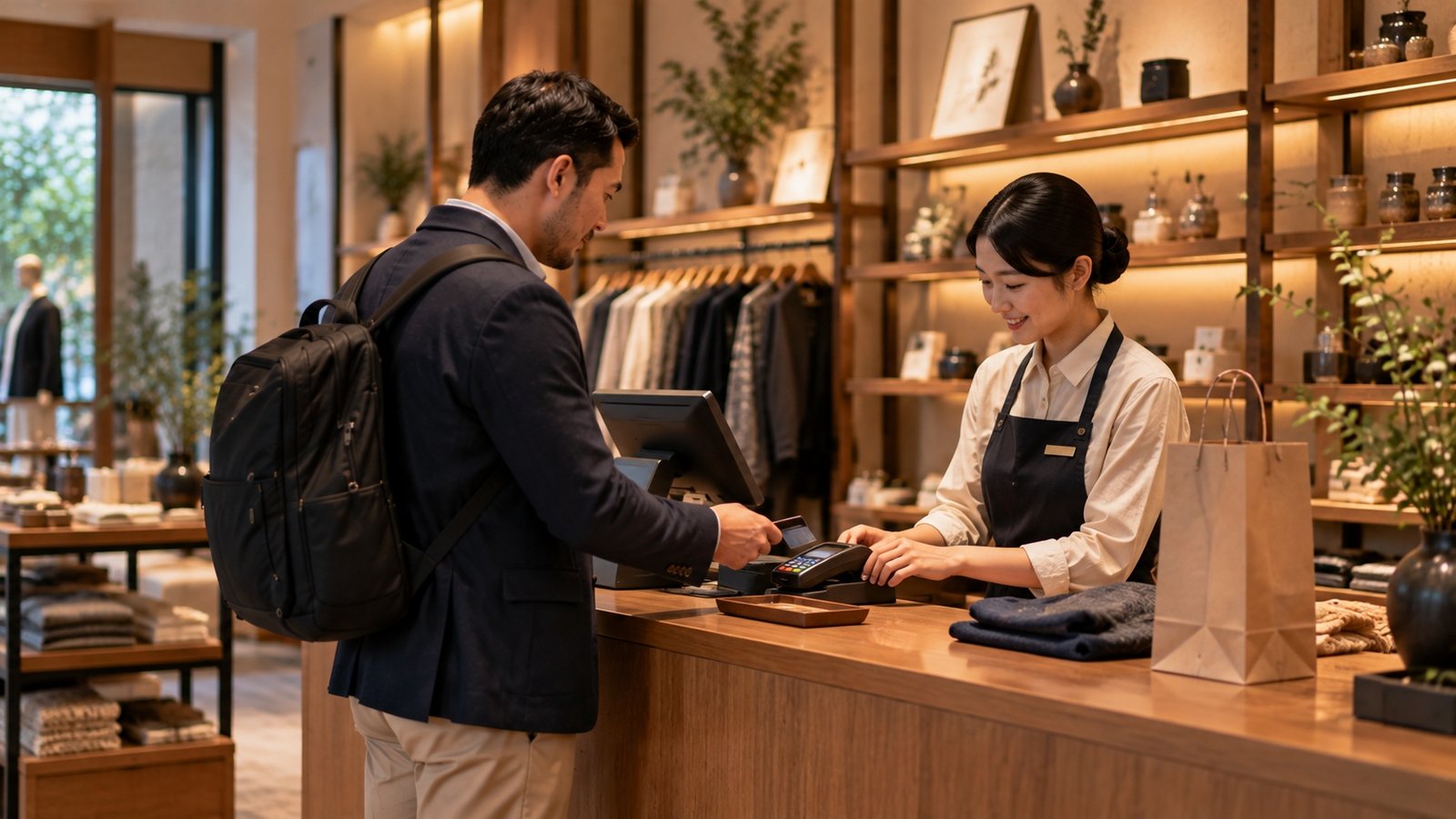 Customer paying Japanese shop staff at a retail counter