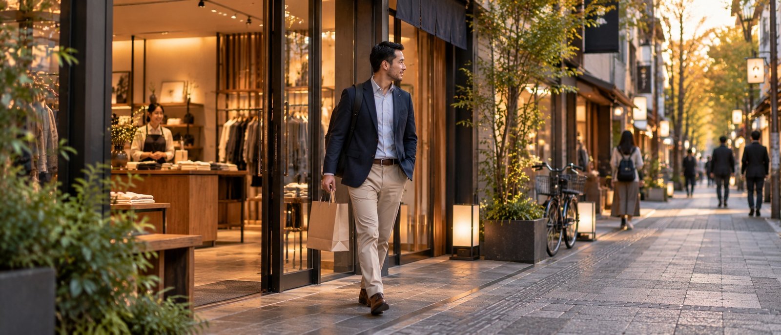 Customer leaving a Japanese shop with a purchase