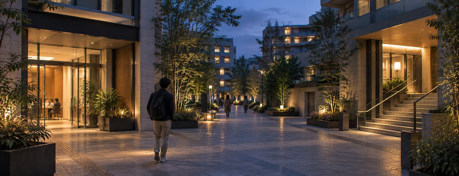 A learner continuing through an ordinary Japanese district at blue hour